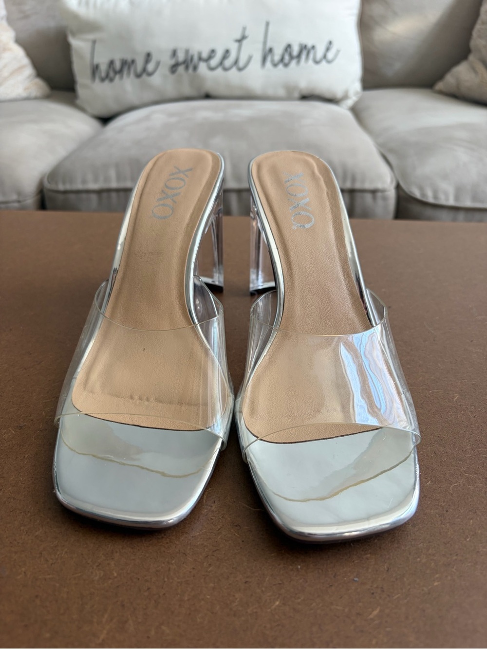XOXO Silver Clear Strap Block Heel Mules